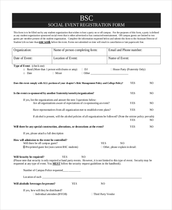 social event registration form