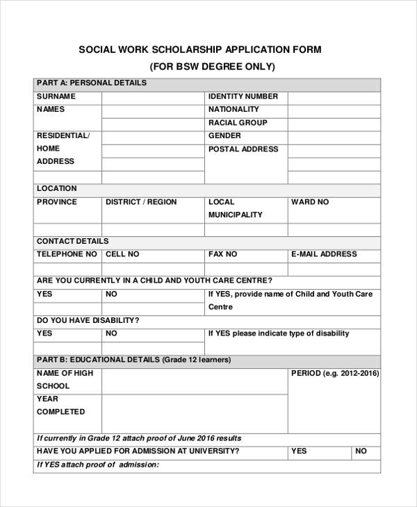 Social Work Placement Application Form Example