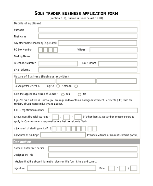 sole trader business application form