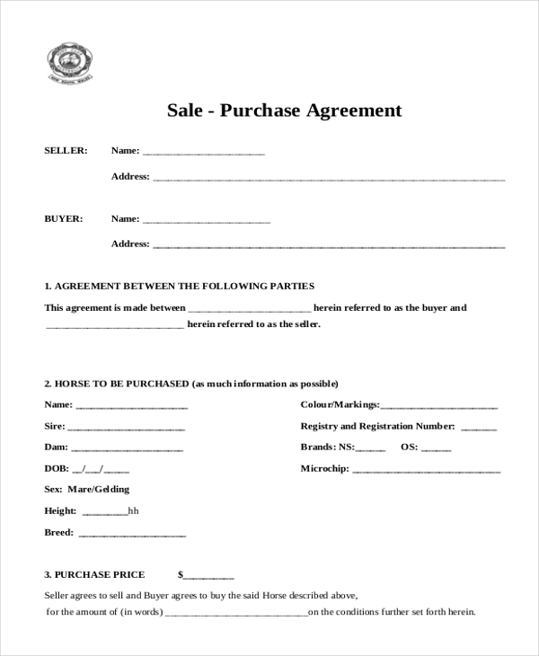 Printable Sales Agreement   Sale Purchase Agreement 