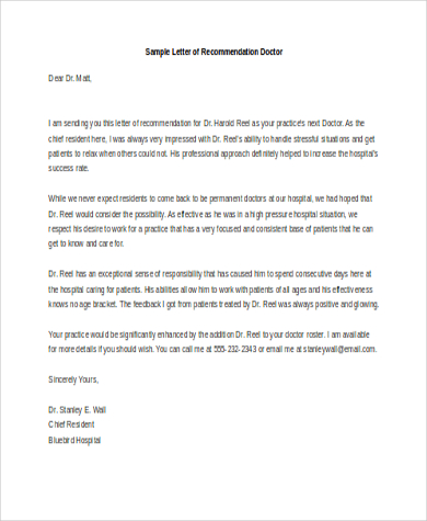 sample letter of recommendation doctor