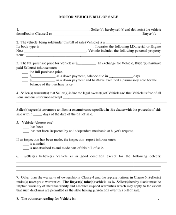 FREE 10+ Sample Motor Vehicle Bill of Sale Forms in PDF | MS Word