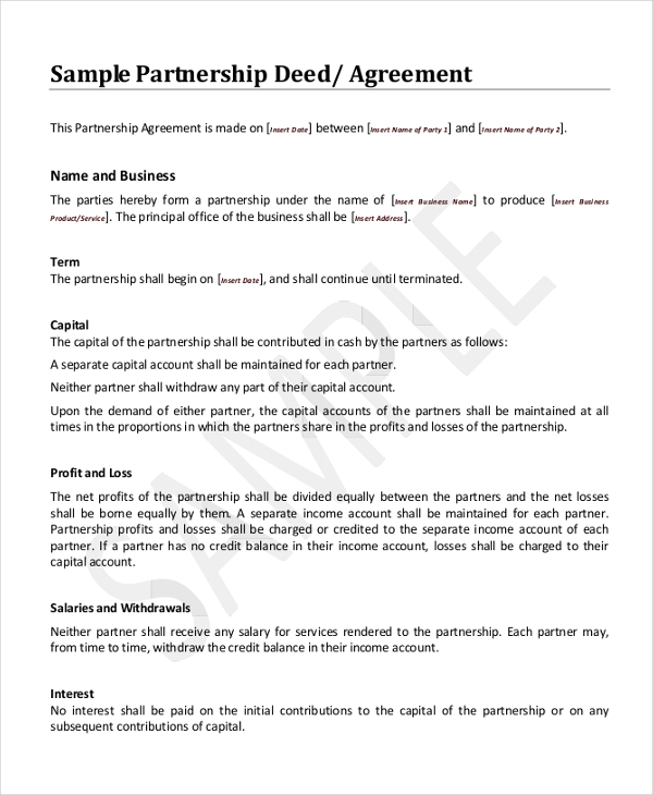 Sample Partnership Deed Agreement