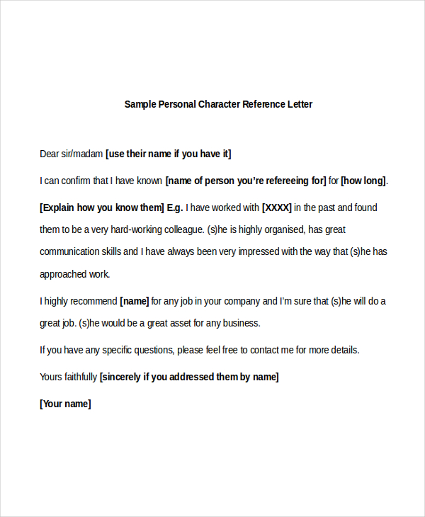 sample personal character reference letter