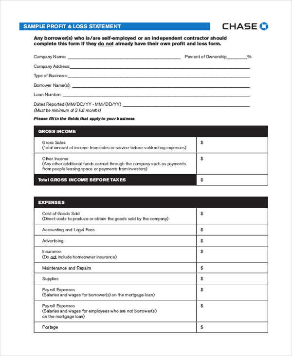 sample profit and loss statement form