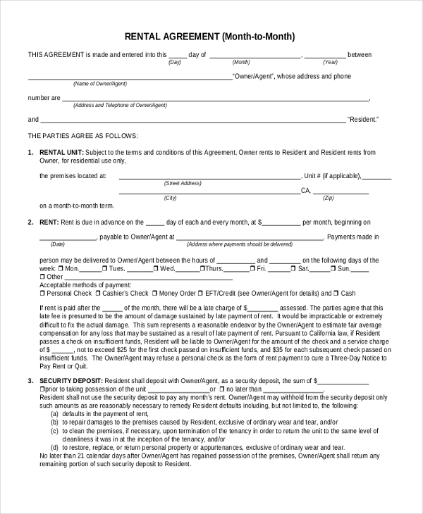 sample rental agreement form