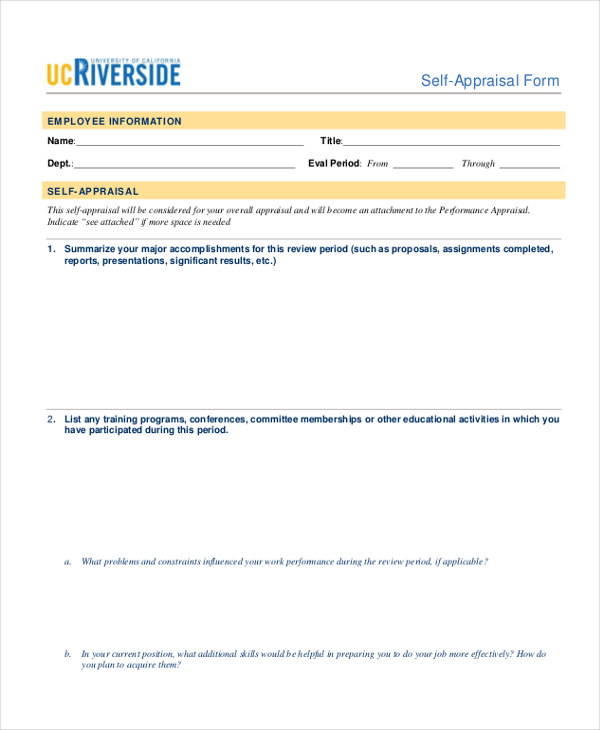 Free 11 Sample Self Appraisal Forms In Pdf Ms Word Excel