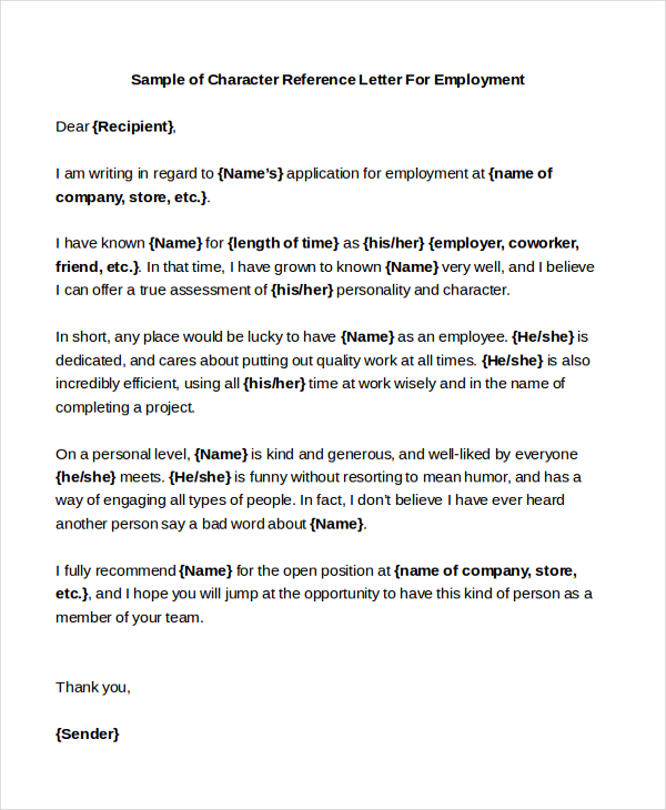 Sample character reference letter for job