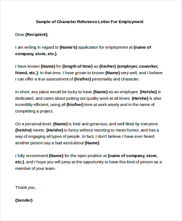 character reference letter for job