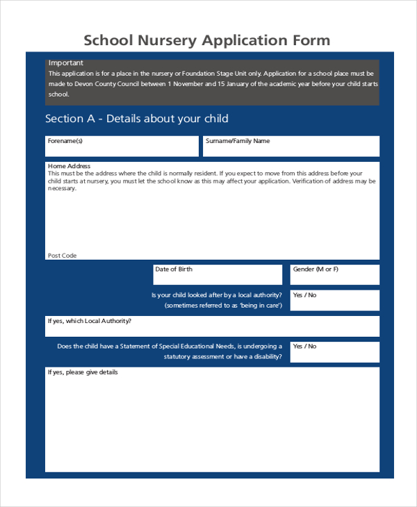 school nursery application form