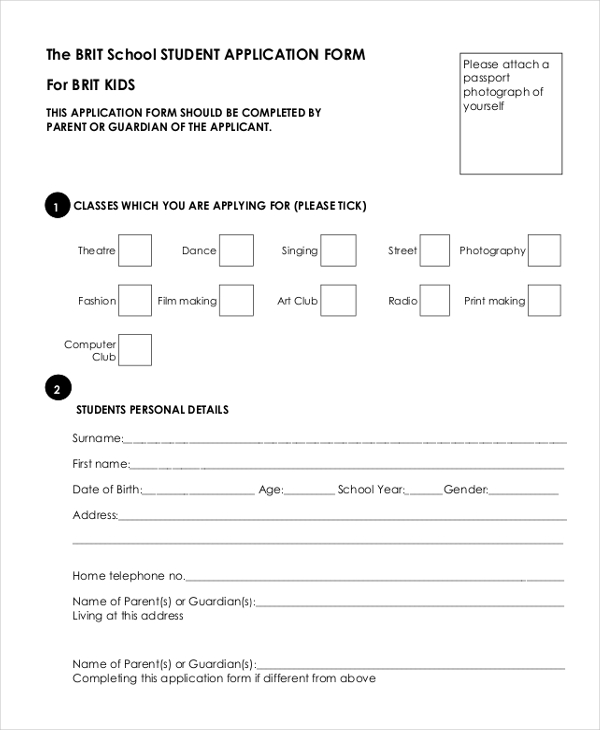 school student application form