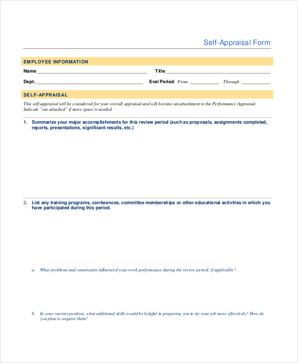 FREE 8 Sample Employee Self Evaluation Forms In PDF MS Word