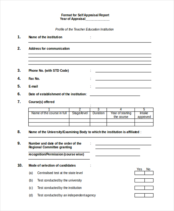 Self Appraisal Report Format