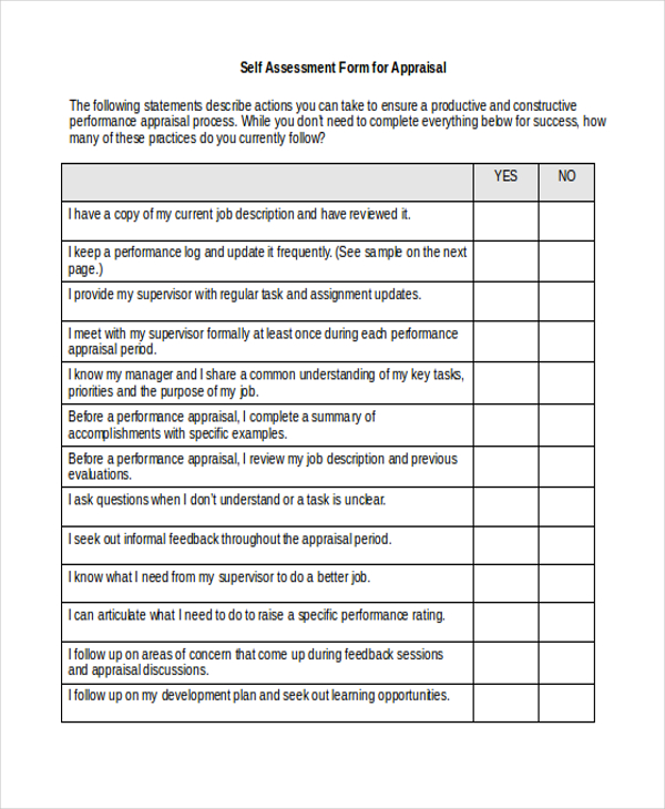 Free 11 Sample Self Appraisal Forms In Pdf Ms Word Excel