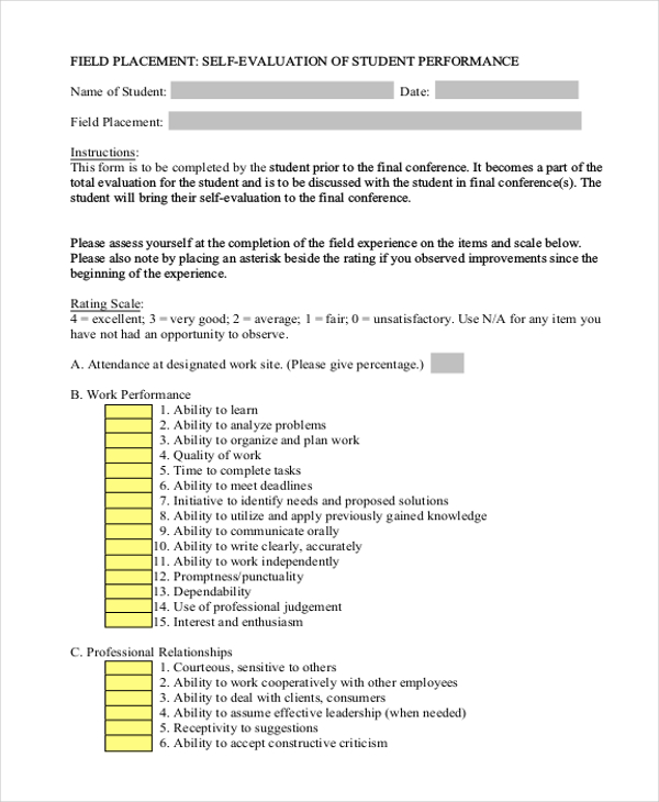 Free 9 Sample Self Evaluation Forms In Pdf Ms Word