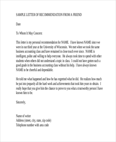 short recommendation letter for a friend