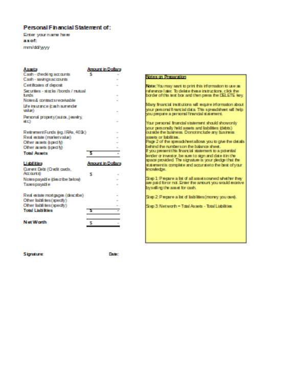 simple financial statement form