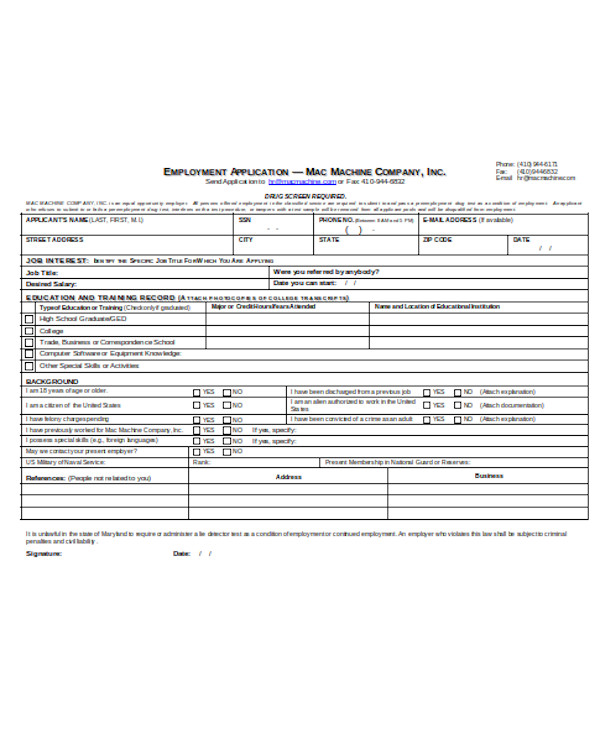 simple generic employment application form