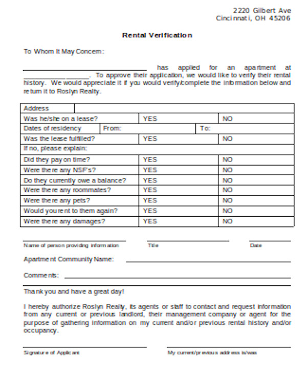 FREE 9+ Sample Rental Verification Forms in PDF | MS Word