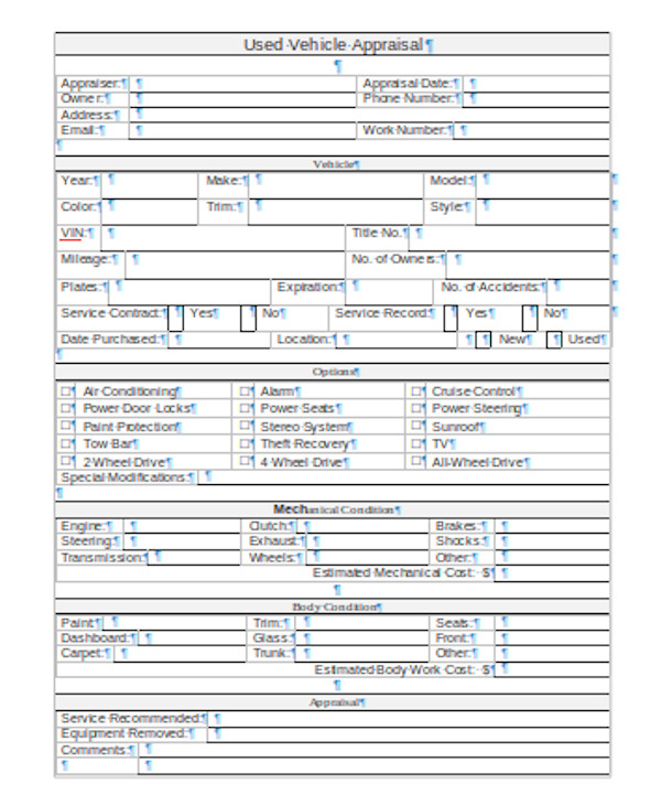 simple used vehicle appraisal form