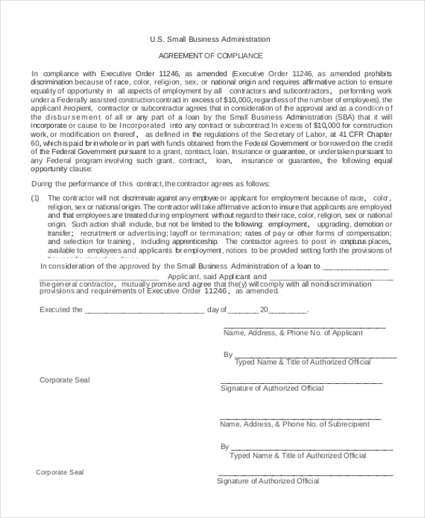 small business administration agreement of compliance