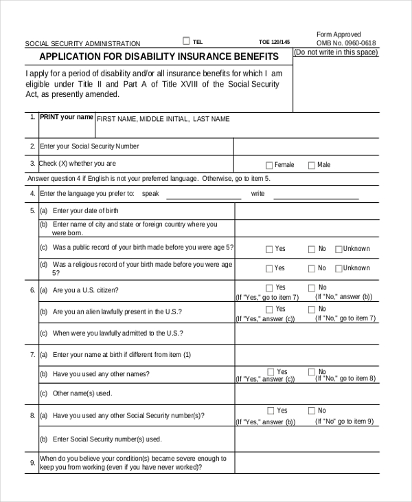 social security application for disability form