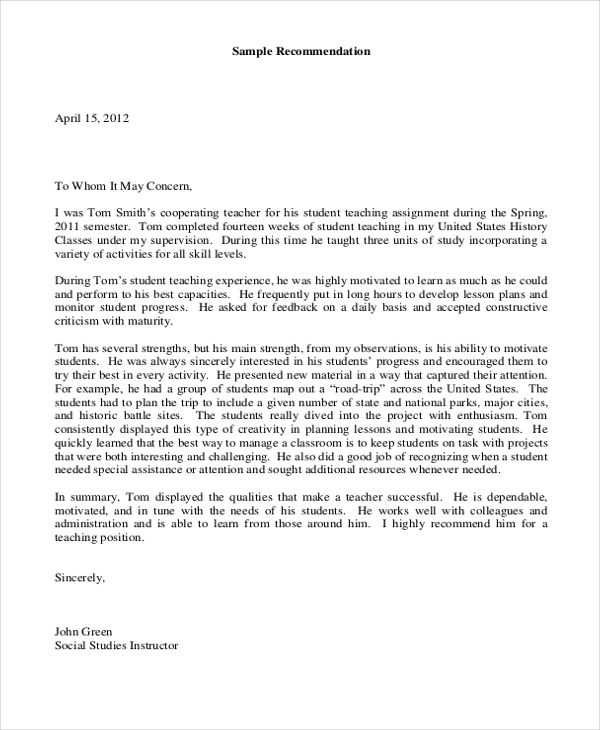 special education teacher recommendation letter