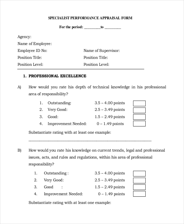 specialist performance appraisal form