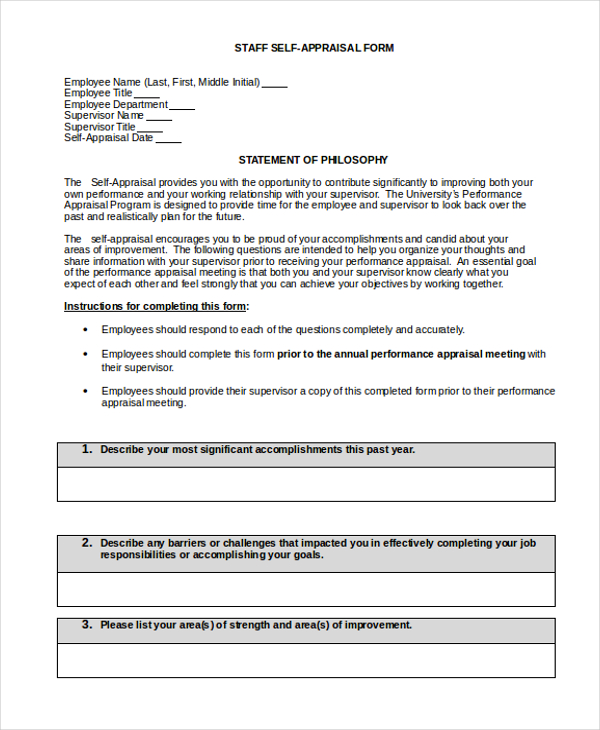 Free 11 Sample Self Appraisal Forms In Pdf Ms Word Excel