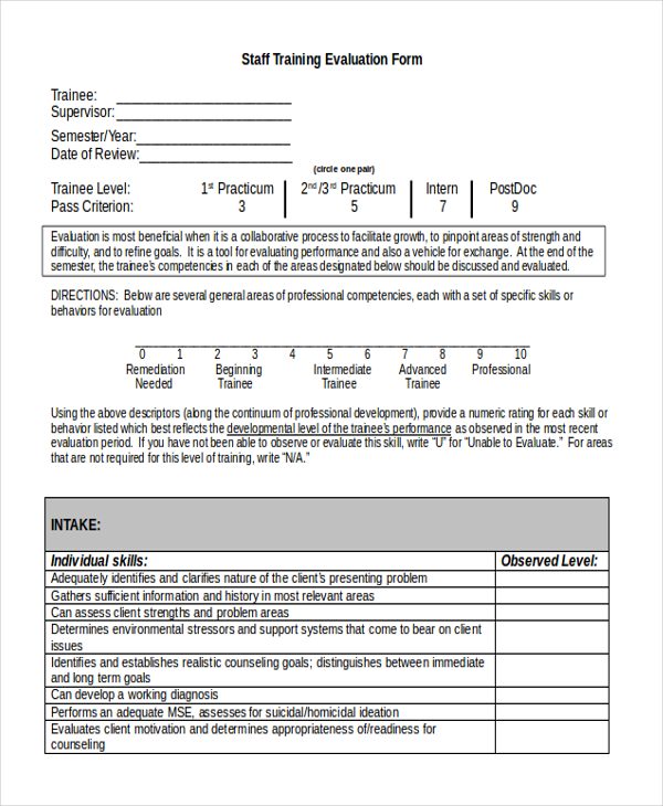staff training evaluation form