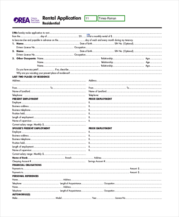 standard apartment rental application