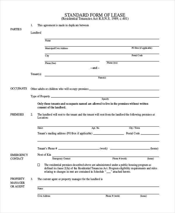 standard form residential agreement