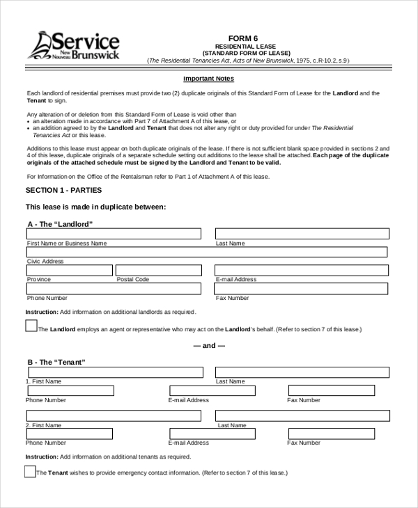 standard form of lease agreement