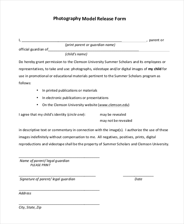 standard model release form for photography