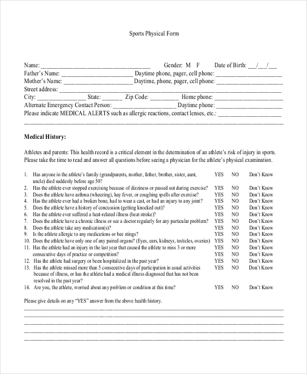 FREE 8 Sample Sports Physical Forms In PDF MS Word