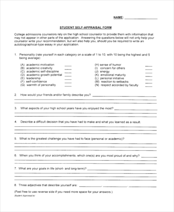 student self appraisal form