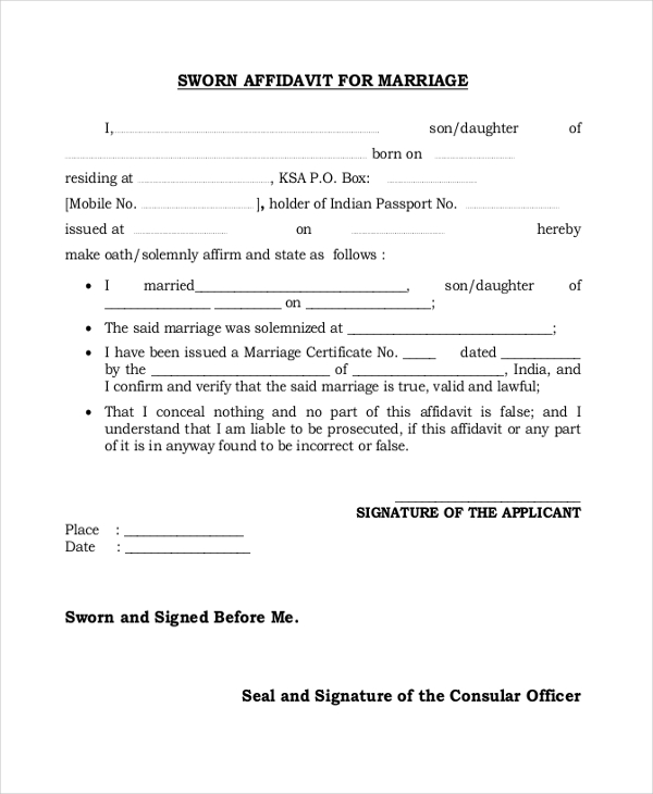 FREE 10 Sample Affidavit Forms For Marriage In PDF MS Word   Sworn Affidavit Form For Marriage 