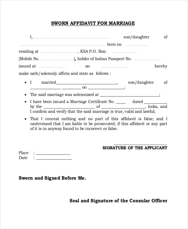 Free 10 Sample Affidavit Forms For Marriage In Pdf Ms Word 6988