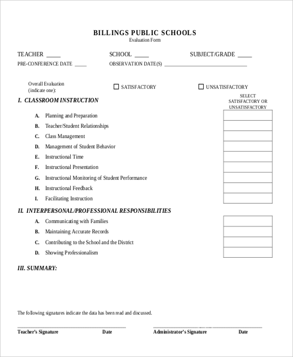 teacher appraisal evaluation form