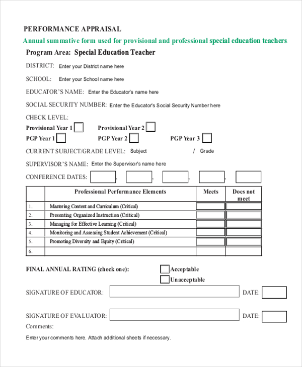 FREE 9+ Teacher Appraisal Form Samples in PDF MS Word