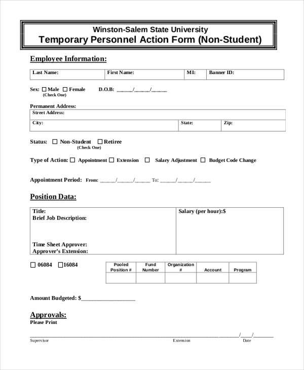 temporary personnel action form