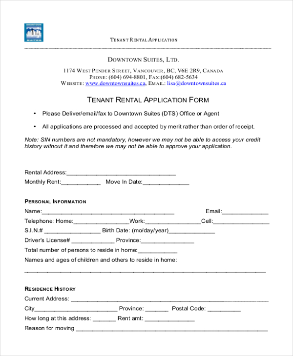 tenant rental application form