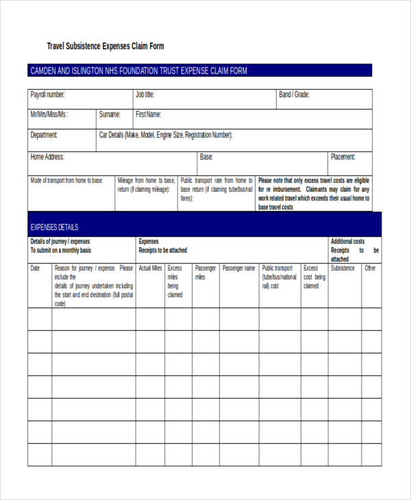 travel and subsistence expense claim form