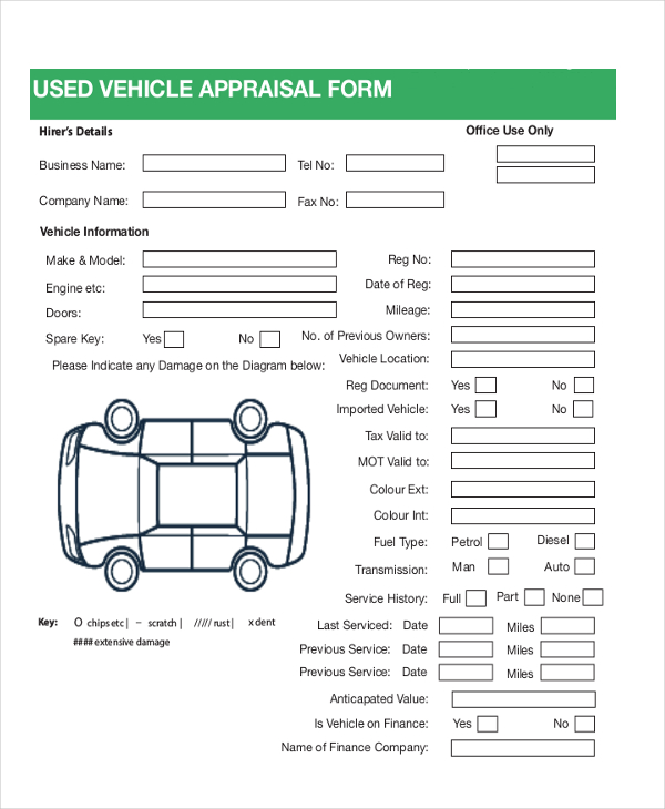 used car appraisal form free