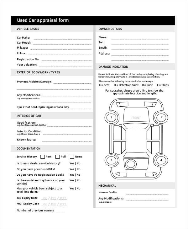 used car appraisal form