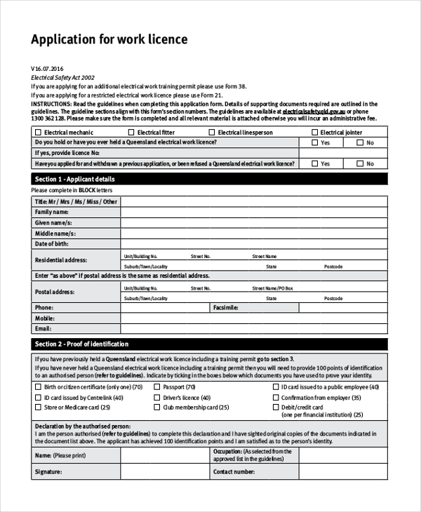 work licence application form