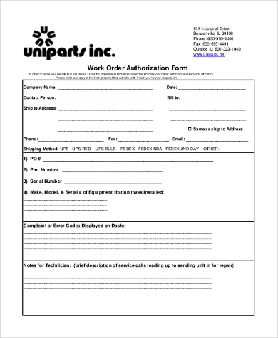 work order authorization form