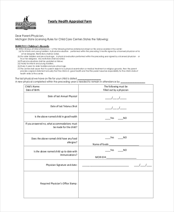 yearly health appraisal form