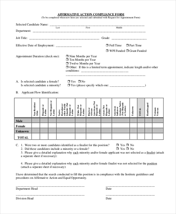 affirmative action compliance form