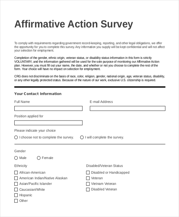 affirmative action survey form